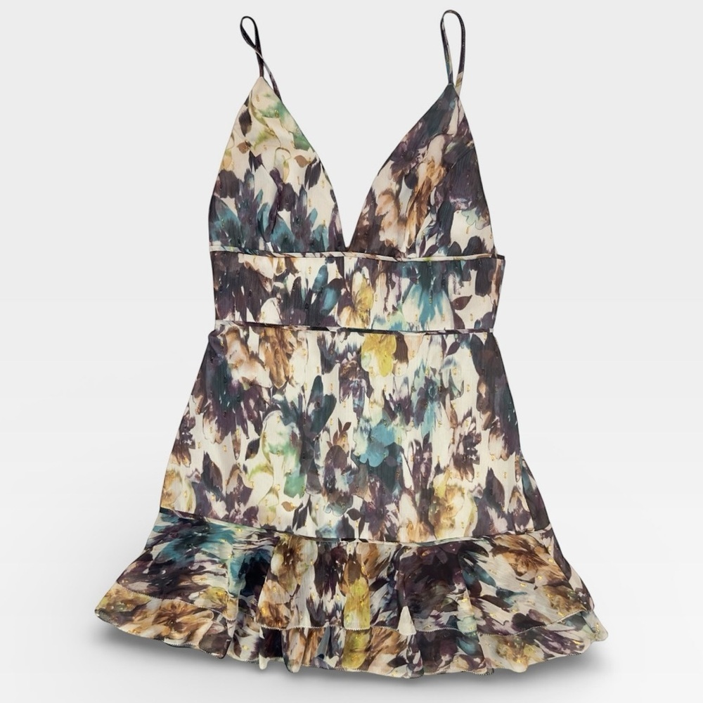 TJD Floral Ruffle Open Back Mini Dress Adjustable Straps Size Small